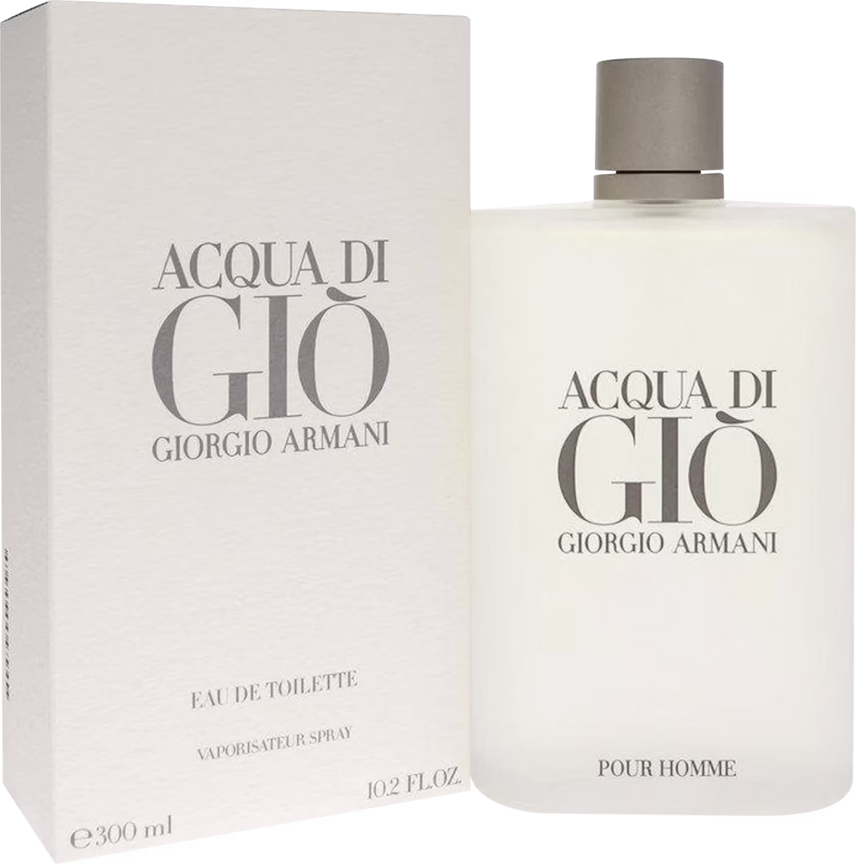 Frasco de vidro transparente com líquido incolor e tampa prateada. Caixa branca com o nome do perfume "Acqua di Gio" e "Giorgio Armani" em letras cinza. Indicação "Eau de Toilette" e "Pour Homme" no frasco e na caixa.