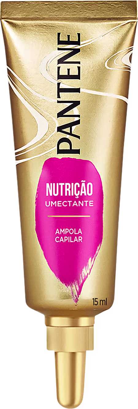 Tubo dourado de 15 ml da linha Pantene Nutrição Umectante, com rótulo rosa destacando "Ampola Capilar" e informações sobre o produto.