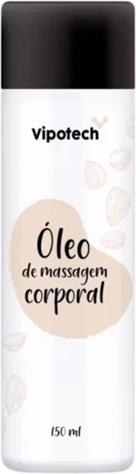 Frasco branco com rótulo preto da marca Vipotech contendo "Óleo de massagem corporal" com volume de 150 ml.