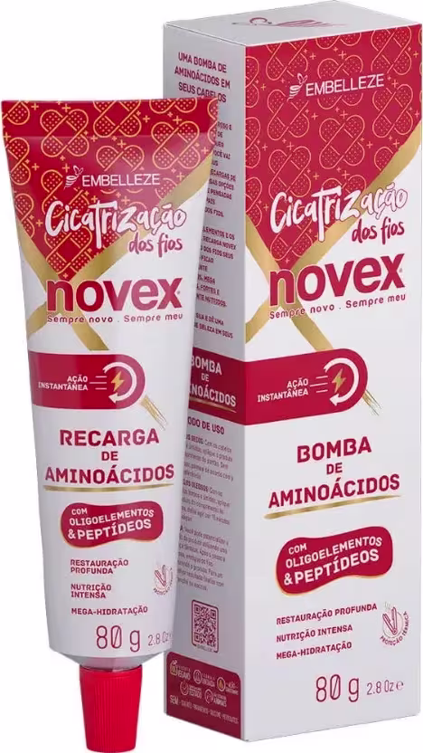 A imagem mostra a caixa e tubo da Máscara Novex Cicatrização dos Fios 80g, da marca Embelleze. As embalagens trazem tons de vermelho, branco e amarelo. O produto é descrito como uma "Recarga de Aminoácidos" com ação instantânea.