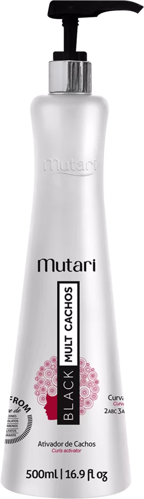 Embalagem branca em formato pump, com letras pretas e uma pequena ilustração do perfil de uma mulher de cabelo crespo black na cor vermelha no centro do rótulo.