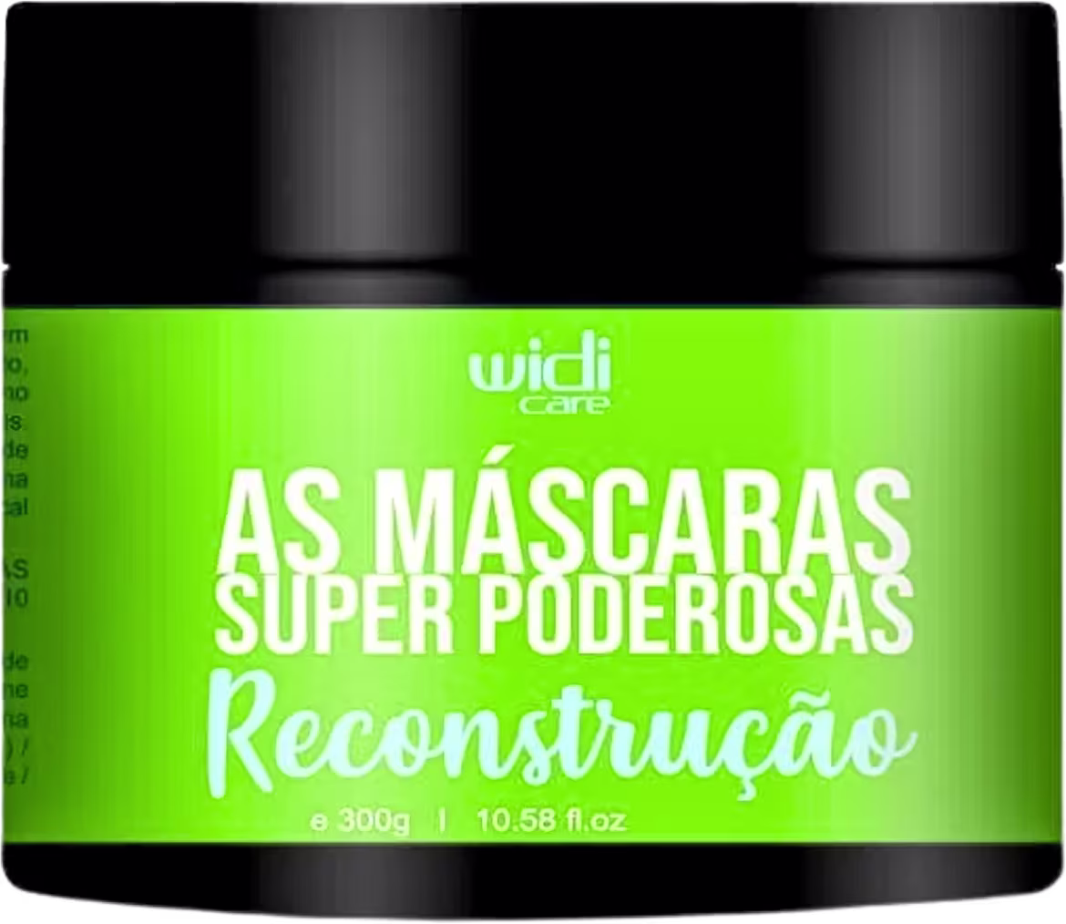 Embalagem preta e verde da marca Widi Care contendo máscara capilar de reconstrução. Rótulo indica "As Máscaras Super Poderosas Reconstrução" e informa o volume de 300g do produto.