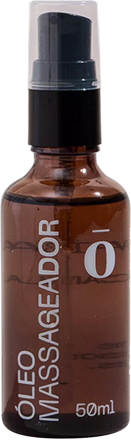 Frasco âmbar com bomba dosadora preta contendo óleo de massagem da marca Fito. Rótulo branco com o nome "Óleo Massageador"