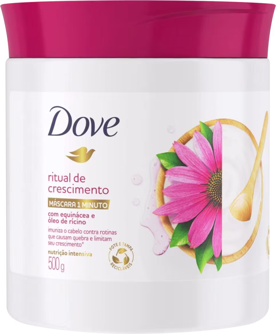 A imagem mostra o pote da Máscara Capilar Ritual de Crescimento da marca Dove.