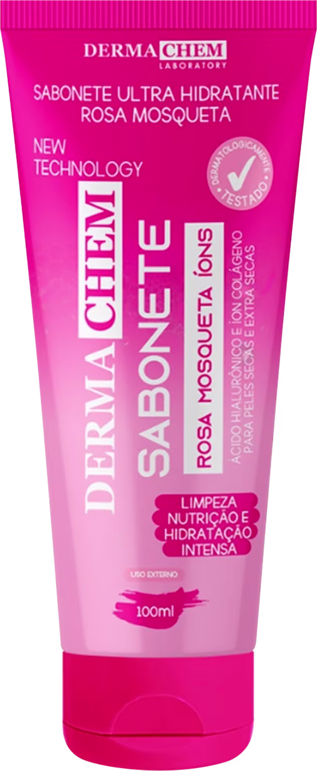 Sabonete ultra hidratante rosa mosqueta da Dermachem, em embalagem rosa com texto em branco, contendo 100ml do produto.