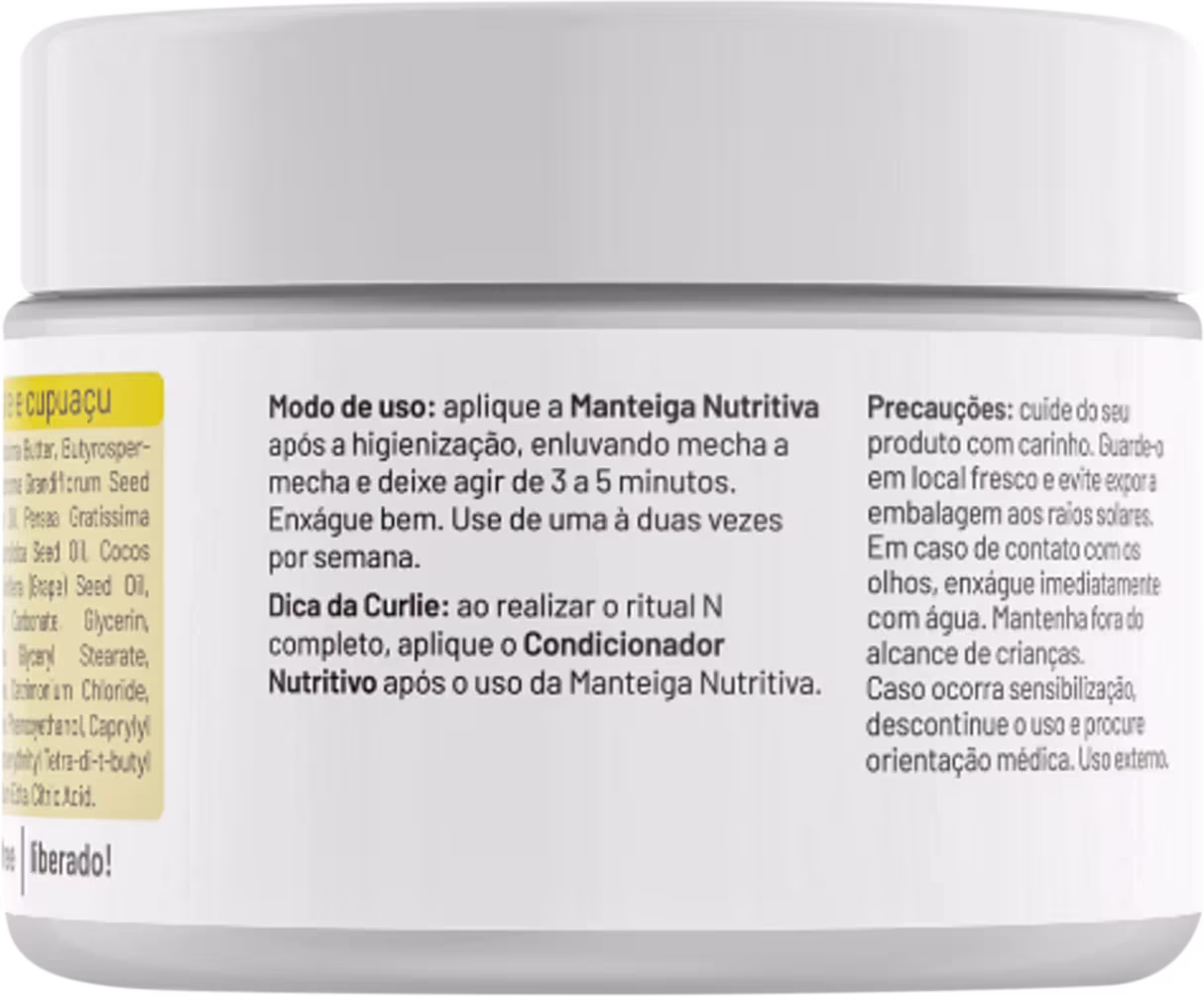 Produto de cuidado capilar em embalagem plástica branca opaca com tampa removível. Rótulo em português com instruções de uso, lista de ingredientes e precauções. Predominam as cores branca e amarela.