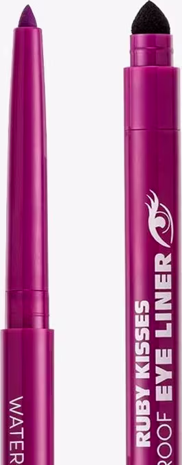 A imagem mostra um lápis de olho roxo, com a outra ponta de esponja e letras brancas no corpo do lápis.