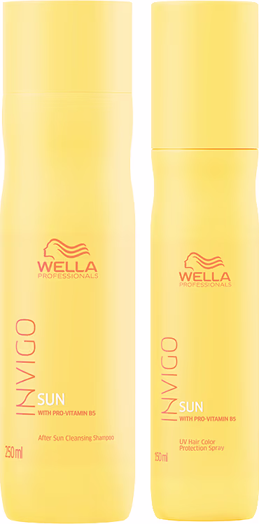 Dois frascos amarelos para proteção e cuidado capilar após exposição ao sol da linha Wella Professionals Invigo Sun. Um frasco é identificado como "After Sun Cleansing Shampoo" de 250ml. O outro é um leave-in spray de 150ml.