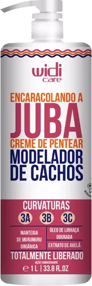 Frasco branco de creme de pentear Widi Care para modelagem de cachos, com rótulo destacando ingredientes naturais e tipos de curvatura. Embalagem com bomba doseadora e informações sobre o produto em português.