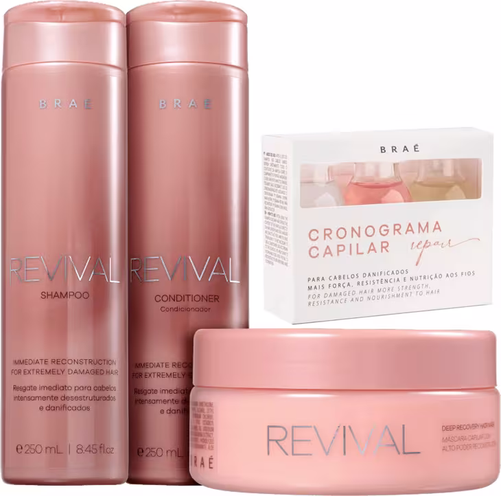 A imagem mostra uma linha de produtos para cabelos danificados da marca Brae. Há dois frascos de Shampoo e Condicionador reconstrutores. Também há uma embalagem retangular com o rótulo "Cronograma Capilar Repair" e uma máscara capilar Revival.
