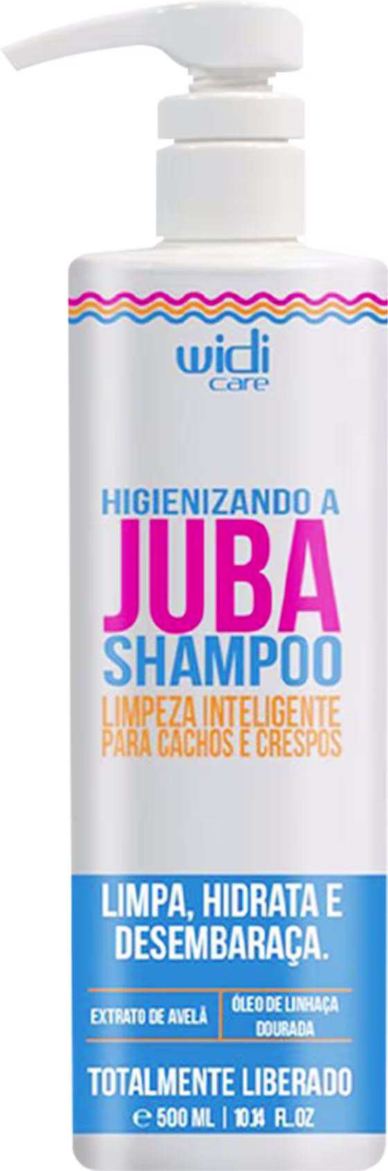 Shampoo 500ml em frasco cilíndrico com bomba dosadora. É branco com base do rótulo na cor azul e letras rosas e brancas.