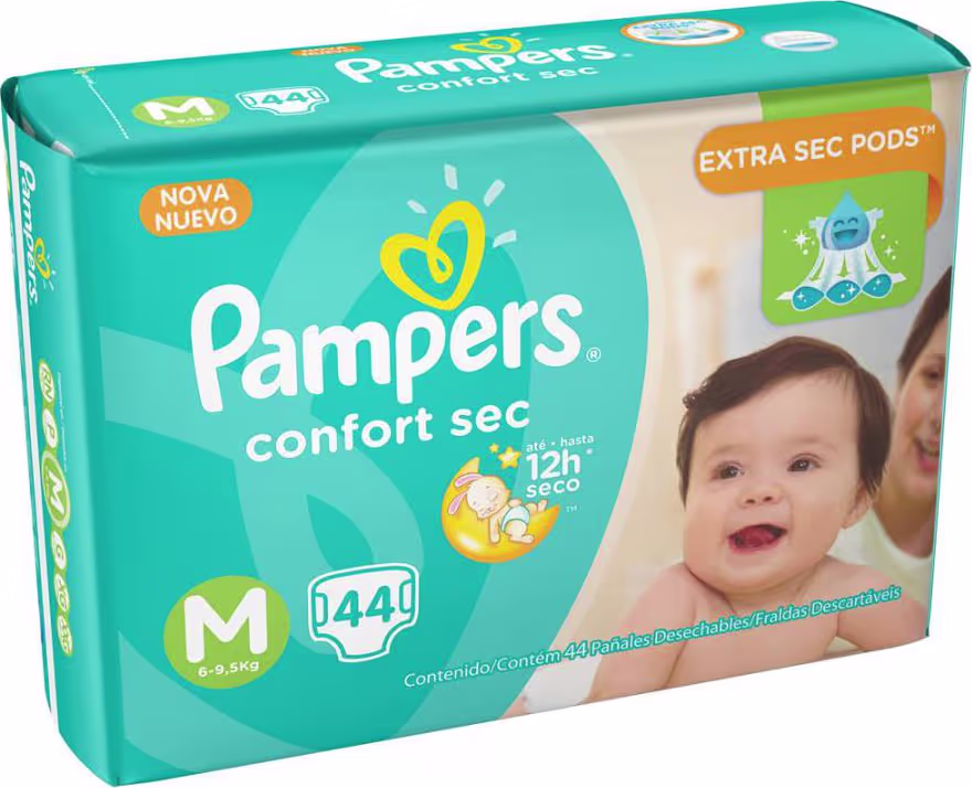 Caixa de fraldas Pampers Confort Sec, tamanho M, contendo 44 unidades, com embalagem verde e amarela destacando a promessa de até 12 horas de secura.