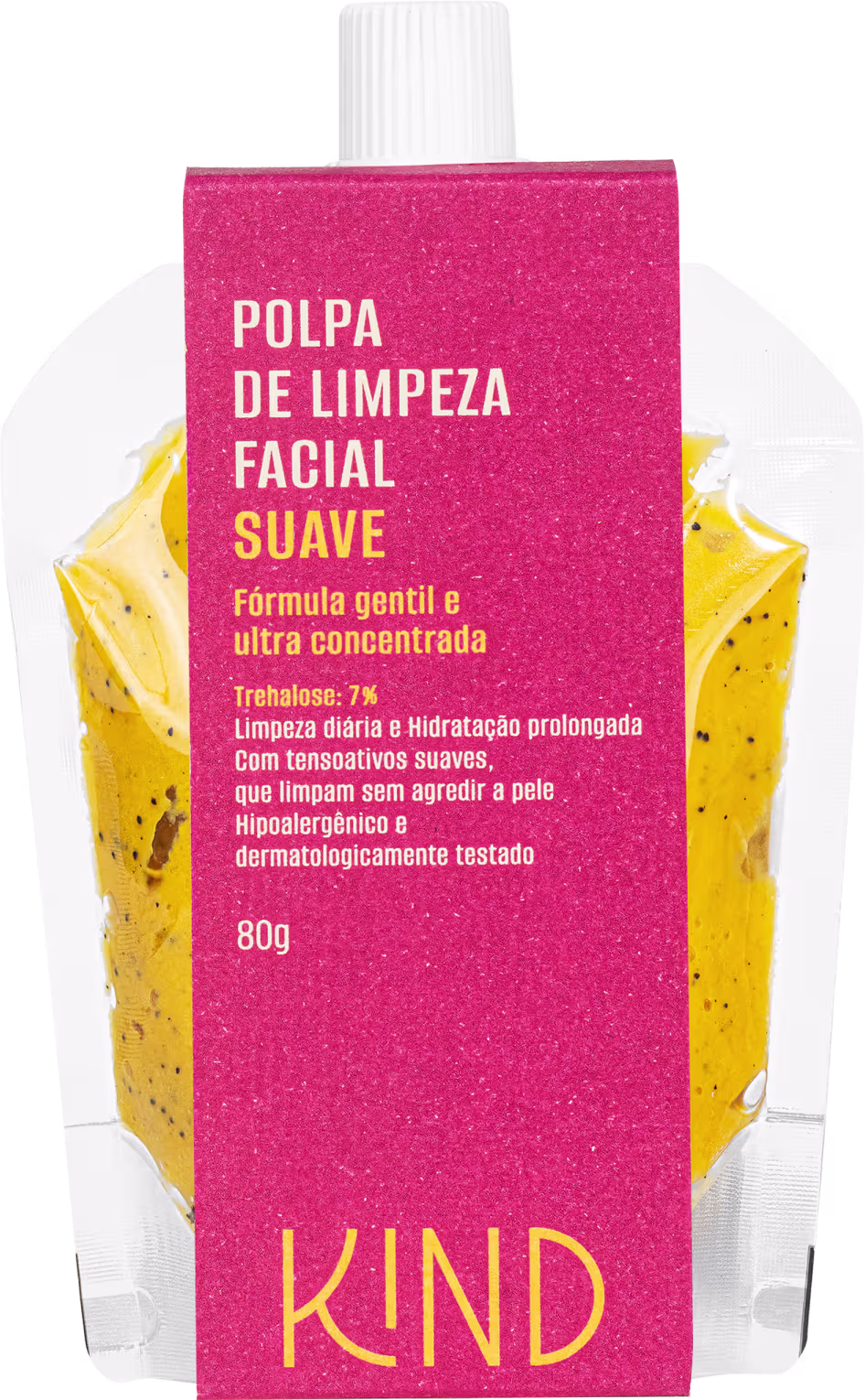 A imagem mostra um frasco transparente, com tampa branca de rosquear, contendo uma polpa de cor amarelada. O rótulo do produto indica o tipo de produto, volumetria e marca em vidência.