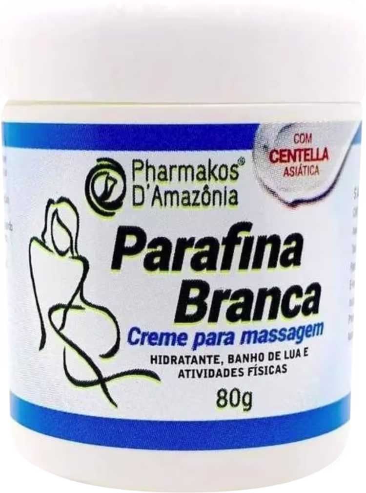 Pote branco de creme para massagem da marca Pharmakos d'Amazônia, com rótulo azul e texto "Parafina Branca" e "Creme para massagem" em destaque. Contém 80g do produto e menciona ingredientes como Centella Asiática.