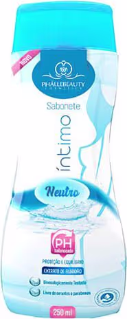 Sabonete líquido neutro da marca Phállebeauty em frasco plástico azul com 250 ml, com rótulo destacando o pH e a proteção e limpeza da pele.