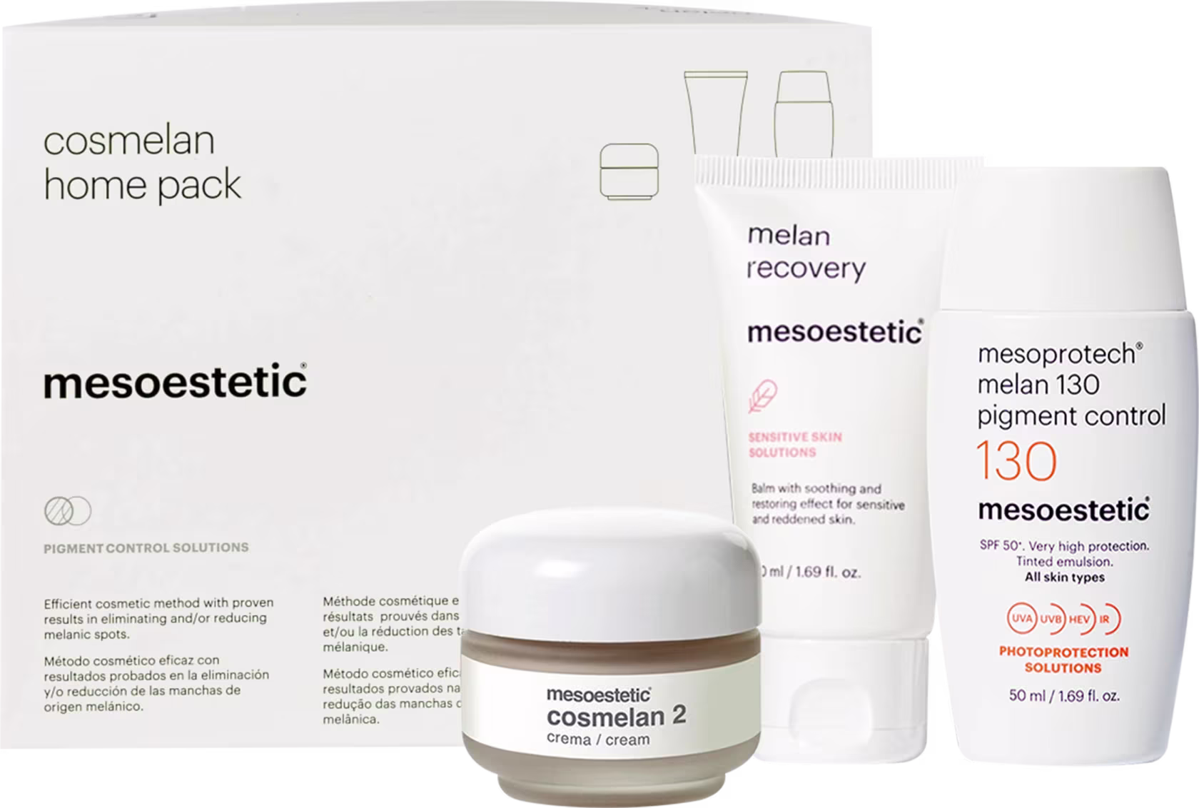 Kit Mesoestetic Cosmelan Home Pack com 3 Produtos: creme, protetor solar e hidratante