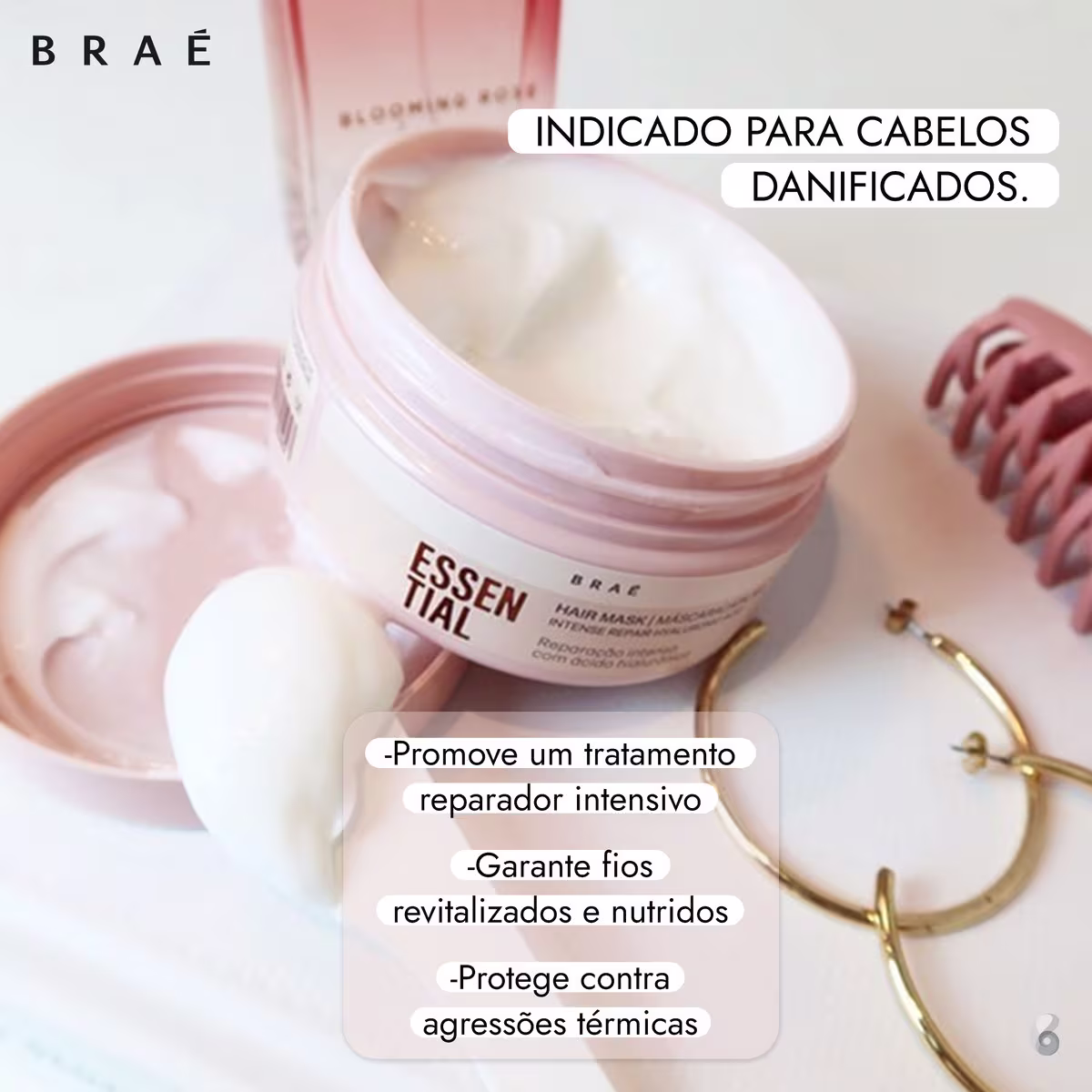 O produto apresentado é uma máscara capilar intensiva da marca Braé. O rótulo indica que é indicado para cabelos danificados e promove um tratamento reparador intensivo, garantindo fios revitalizados, nutridos e protegidos contra agressões térmicas.