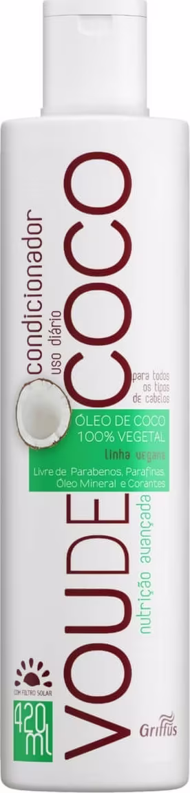 A imagem mostra embalagem plástica de condicionador na cor branca de 420ml. Rótulo com texto "Vou De  Coco" em letras marrons e "Óleo de Coco 100% vegetal" em Verde.
