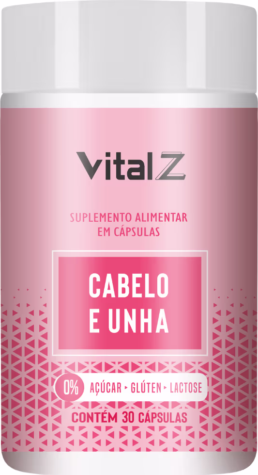 Suplemento alimentar em cápsulas da marca Vital Z, com rótulo rosa e branco, indicado para cabelo e unha. Contém 30 cápsulas, sem açúcar, glúten ou lactose.