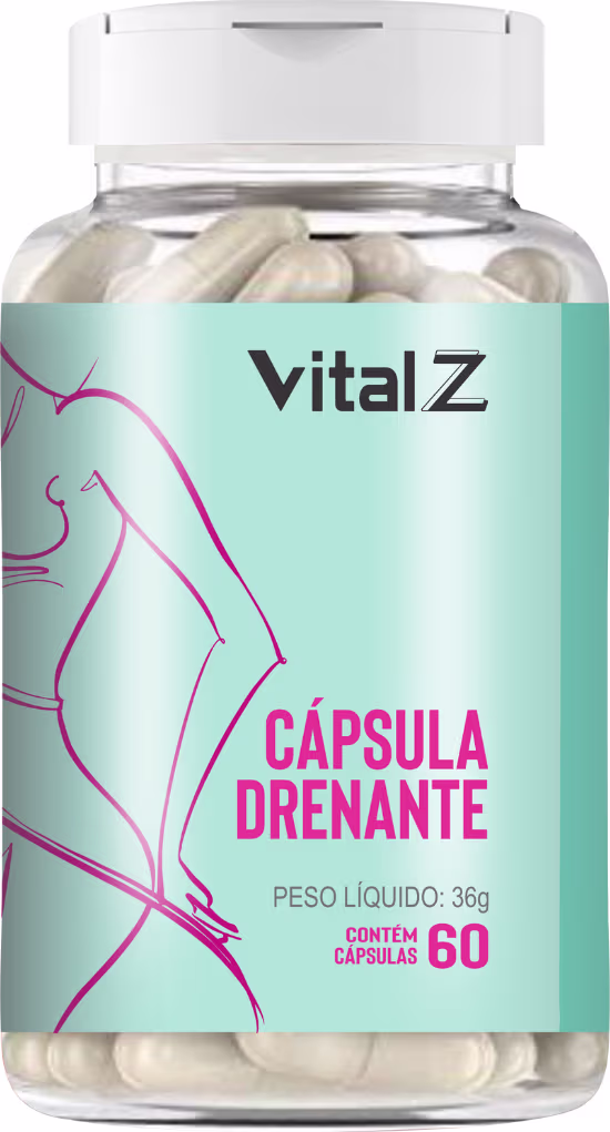 Cápsula drenante da marca Vital Z, em frasco de vidro transparente com tampa branca, contendo 60 cápsulas. O rótulo apresenta o nome do produto em destaque, com informações sobre o peso líquido de 36g.