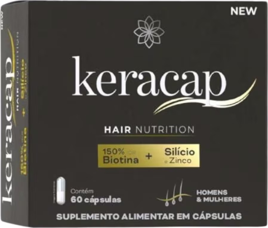 Caixa de suplemento alimentar em cápsulas destinado à nutrição capilar. A caixa é preta com detalhes em amarelo e branco, exibindo o logotipo da marca e informações sobre os ingredientes, que incluem silício, biotina e zinco. Contém 60 cápsulas.