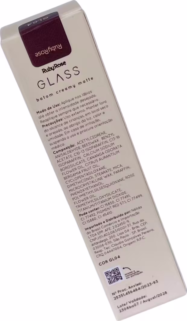 Verso da caixa do Batom Ruby Rose Glass Creamy Matte com informações gerais sobre o produto