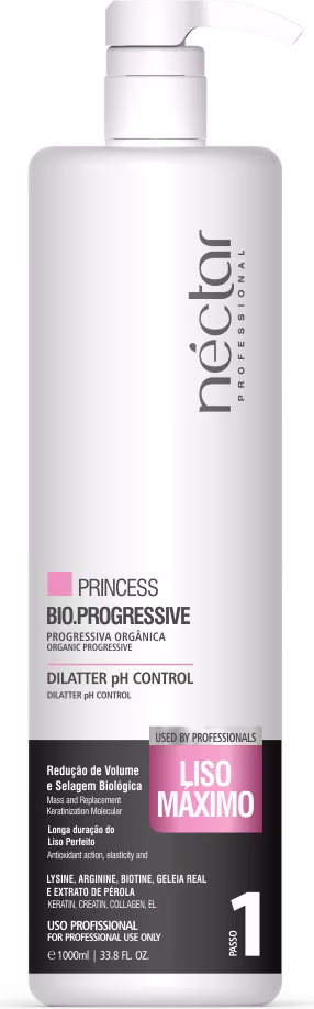 Frasco branco de produto capilar Néctar do Brasil, com rótulo rosa e texto "Princess Bio.Progressive" e "Dilatier pH Control". Indicação de uso profissional e volume de 1000ml.