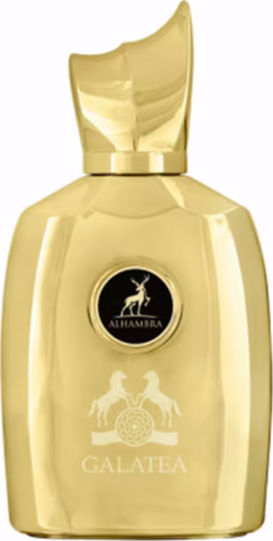 Frasco dourado da linha Galatea da Maison Alhambra, com logotipo da marca em destaque. Traz design elegante e sofisticado.