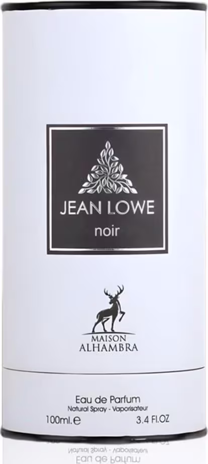 Frasco de perfume da marca Maison Alhambra, com rótulo preto e branco apresentando o nome "Jean Lowe noir". O produto é uma Eau de Parfum com volume de 100ml.