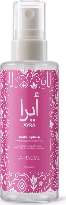 Frasco de spray corporal Ayra da marca Primacial, com design decorativo em tons de rosa e branco. O rótulo apresenta o nome do produto "body-splash" em letras brancas.