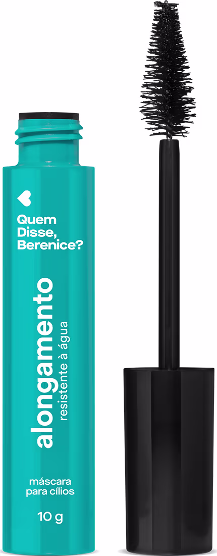 O produto apresentado é uma máscara para cílios da marca Quem Disse, Berenice?. A embalagem é um frasco de cor turquesa com o texto "Alongamento resistente a água" impresso. Ao lado, há um aplicador de cor preta.