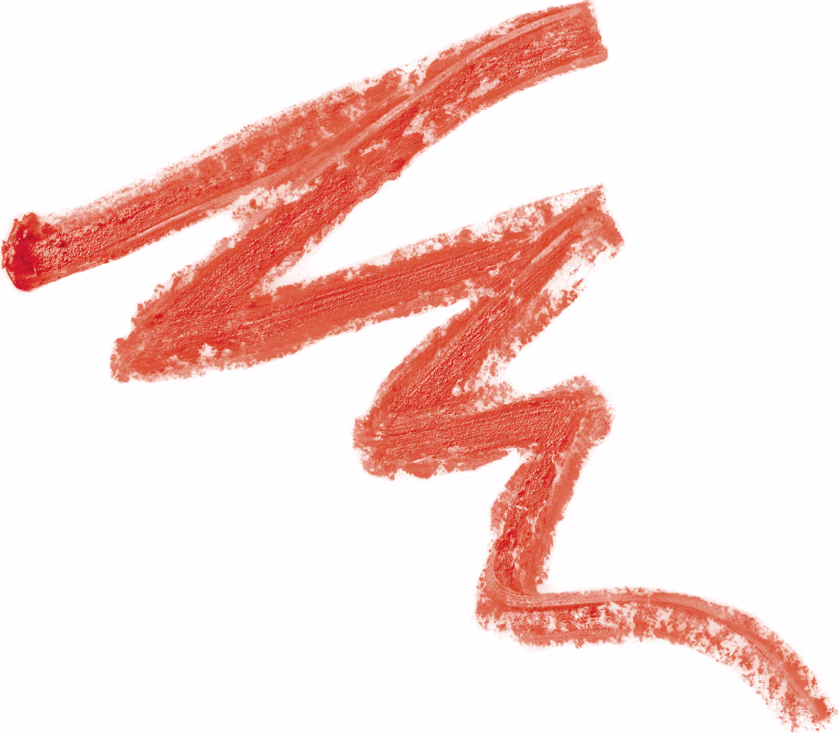 A imagem mostra traços de lápis para olhos vermelho-alaranjado em um fundo branco. Os traços são irregulares e apresentam texturas borradas, sugerindo que foram aplicados diretamente na superfície.