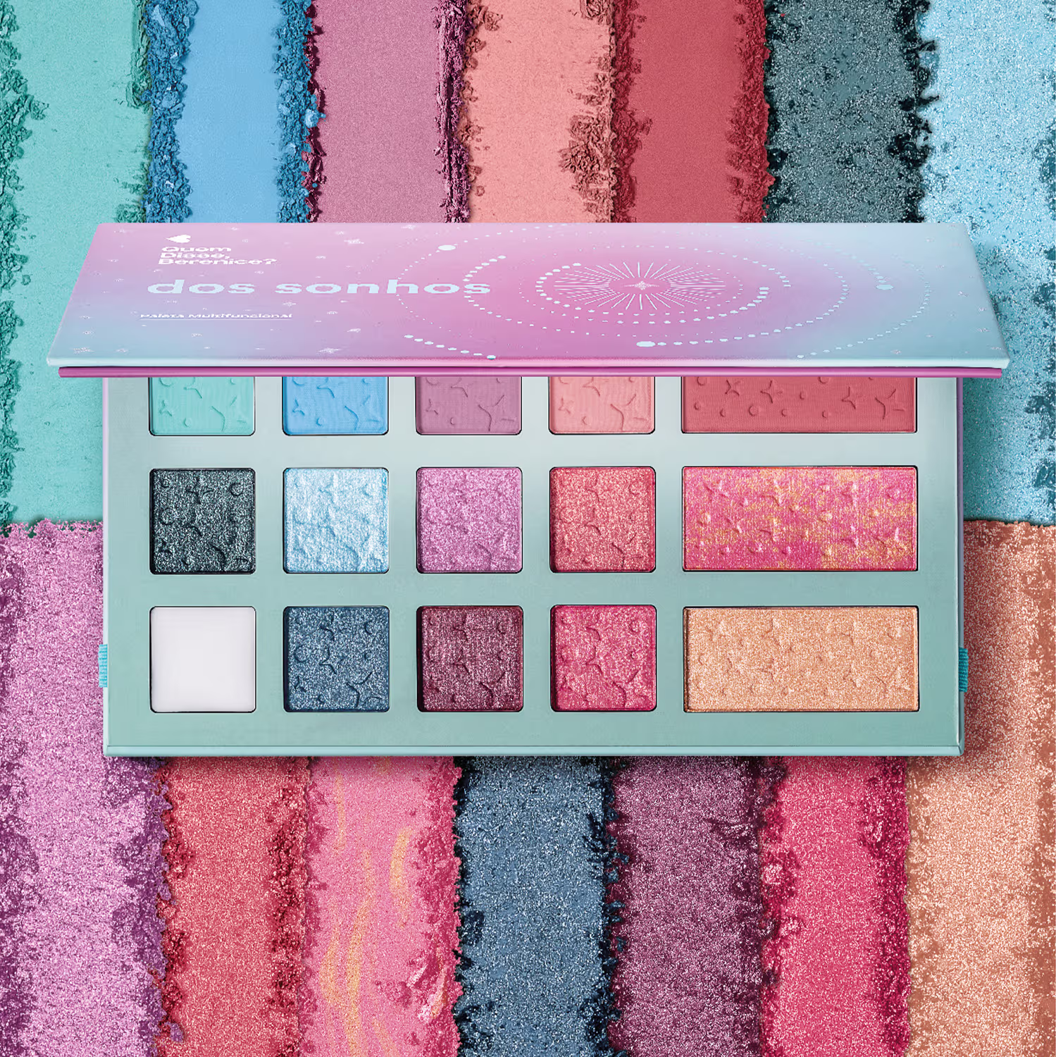 A imagem mostra as cores da Paleta Quem Disse, Berenice? Dos Sonhos com tons azuis, rosas, laranjas em diferentes acabamentos.