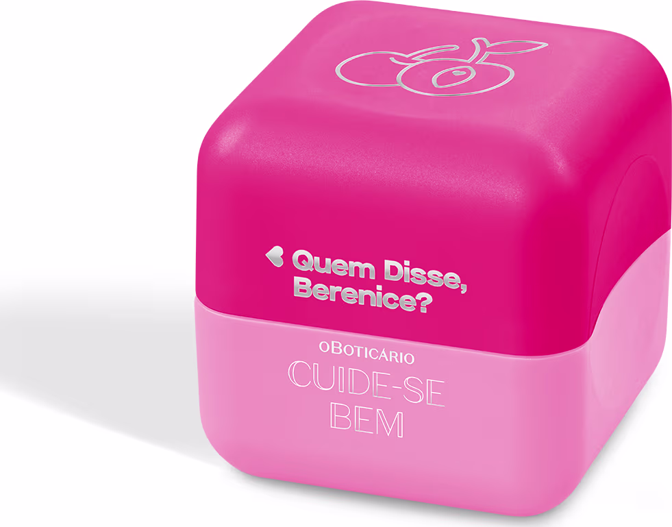 Produto de maquiagem em embalagem plástica hexagonal compacta na cor rosa vibrante. A tampa superior apresenta um desenho estilizado em linhas curvas brancas.A embalagem tem um visual moderno e chamativo, provavelmente destinada a produtos de beleza.