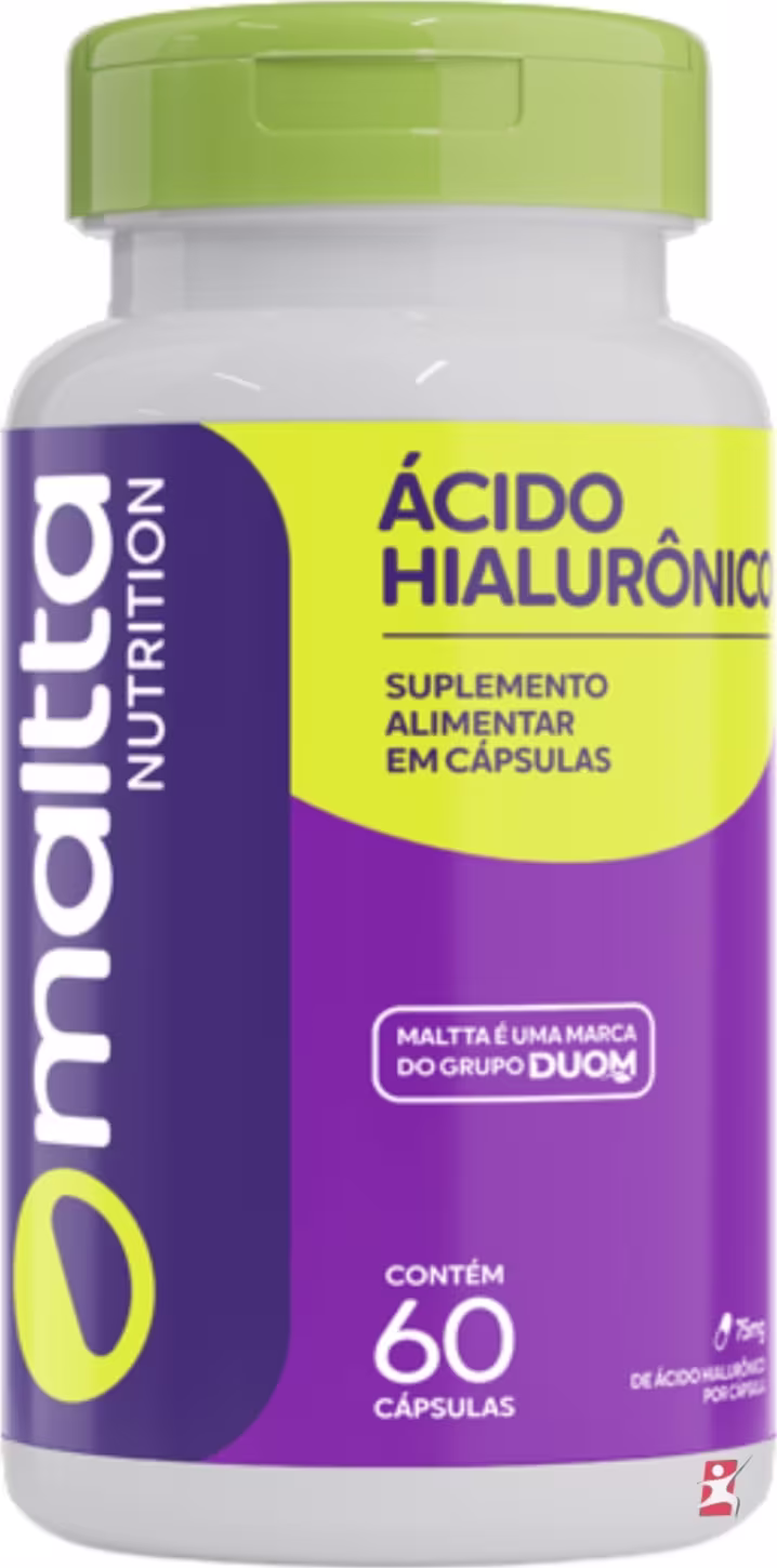 Frasco de cápsulas de Ácido Hialurônico da marca Maltta Nutrition, com rótulo em tons de roxo e amarelo. O produto é apresentado em embalagem plástica branca com tampa verde, contendo 60 cápsulas.