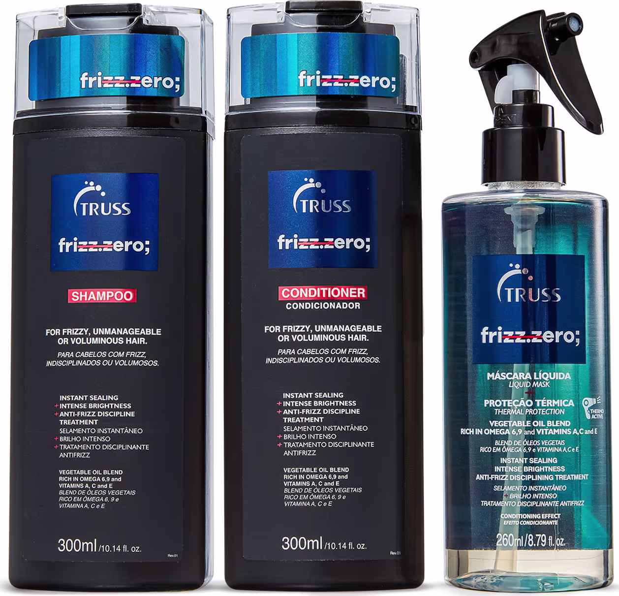 São três produtos da marca TRUSS, linha Frizz Zero. Um shampoo e um condicionador, em embalagens pretas de 300ml, com detalhes em azul. E uma máscara líquida em frasco transparente de 260ml, com líquido azul-esverdeado e detalhes em azul e preto.