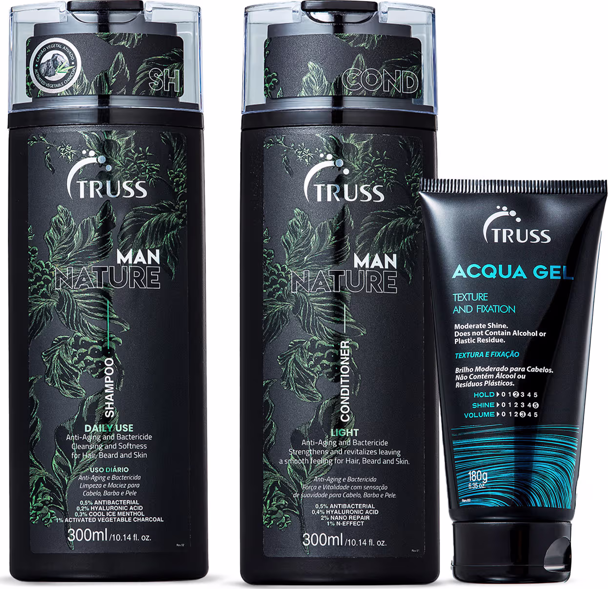 A imagem mostra três produtos da marca TRUSS. Shampoo e Condicionador Man Nature com frascos pretos de 300ml cada,  detalhes em verde. O terceiro produto é o Gel "Acqua Gel" de 180g, azul e preto, para texturização e fixação do cabelo.