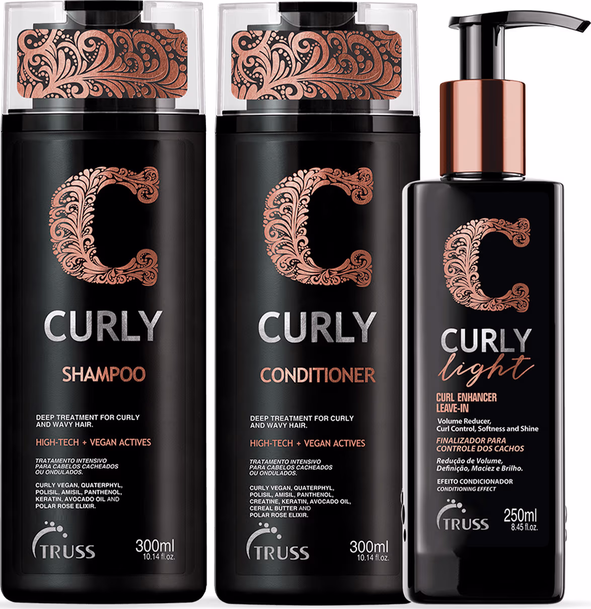 A imagem mostra três produtos de cuidados capilares da marca TRUSS para cabelos cacheados e ondulados. São um shampoo, um condicionador e um finalizador leave-in, todos com embalagens pretas com detalhes em cobre.