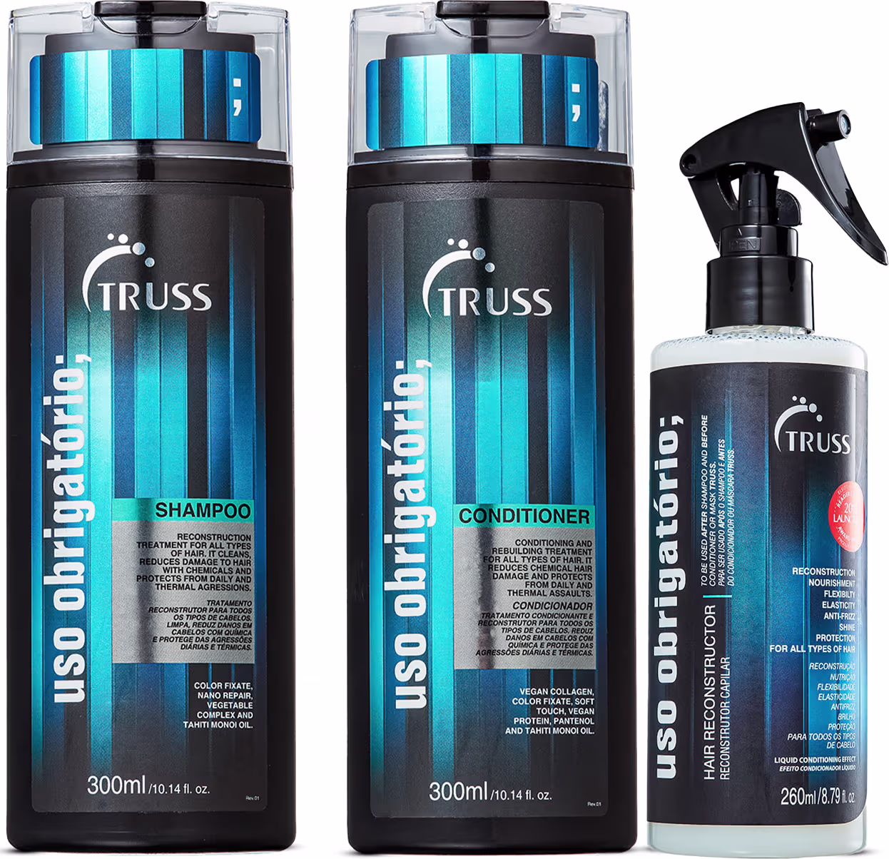 A imagem mostra três produtos da linha Uso Obrigatório da marca TRUSS. Shampoo e condicionador de 300ml e tratamento reconstrutor de 260ml. As cores predominantes são preto e azul.