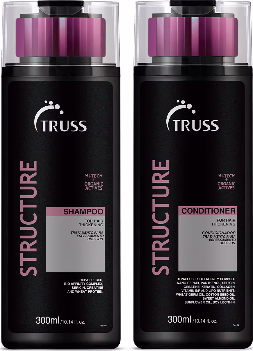 Dois frascos plásticos pretos de 300ml contendo shampoo e condicionador para cabelos da linha Structure da marca TRUSS. As cores predominantes são preto, rosa e branco.