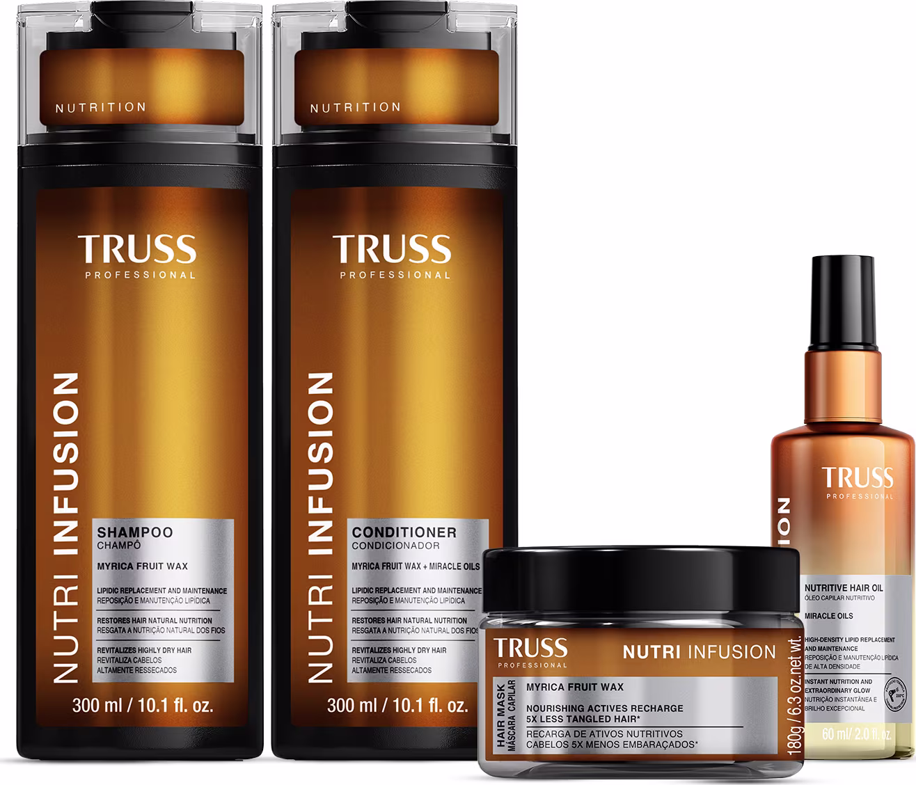 Kit com shampoo, condicionador, máscara e óleo capilar Nutri Infusion, da marca Truss.