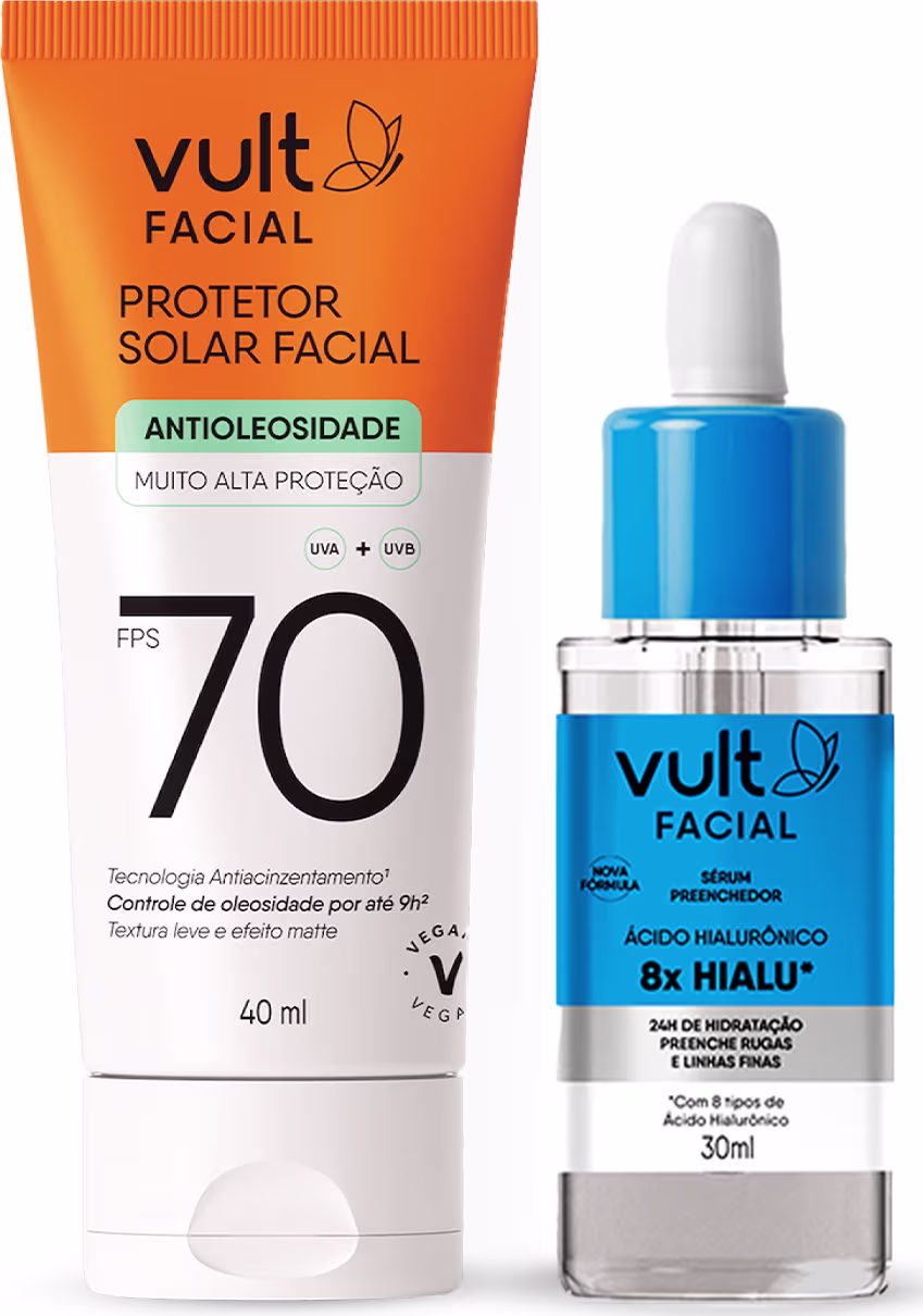 A imagem mostra um kit com protetor solar em bisgana com embalagem branca e amarela ao lado de um frasco de sérum facial tipo conta-gotas, com embalagem transparente e rótulo azul e cinza.