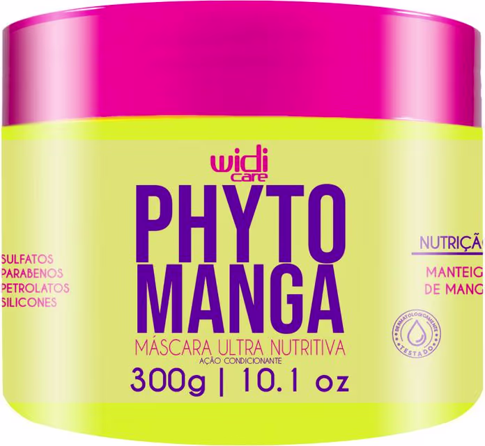 Embalagem rosa e amarela de máscara capilar ultra nutritiva da linha Phyto Manga da Widi Care, com 300g de produto e informações sobre sua composição e benefícios.