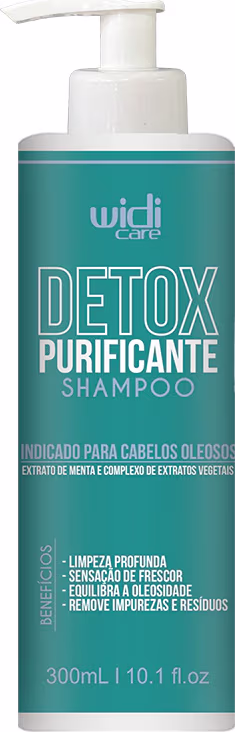 Frasco de shampoo Detox Purificante da marca Widi Care, com embalagem de plástico branca e azul-turquesa, contendo 300 ml do produto.