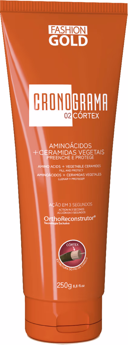 Tubo laranja da linha Fashion Gold contendo o produto Cronograma 02 Cortex, com rótulo destacando os ingredientes aminoácidos e cerâmidas vegetais que protegem e reconstroem os fios.