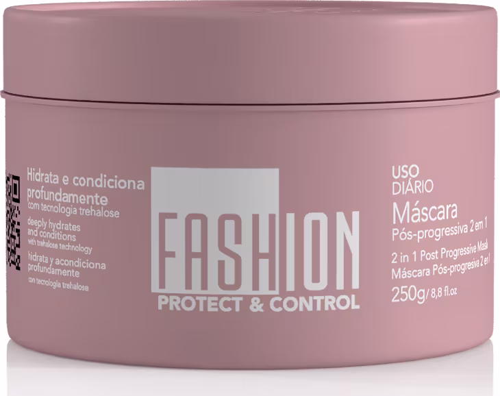 Embalagem da máscara capilar Fashion Protect & Control, com rótulo indicando uso diário e tecnologia de tratamento capilar. Recipiente redondo com tampa, com capacidade de 250g.