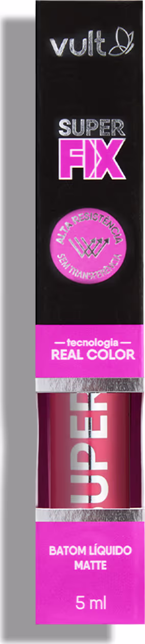 Batom dentro da caixa da embalagem, a caixa tem cor rosa e preto.