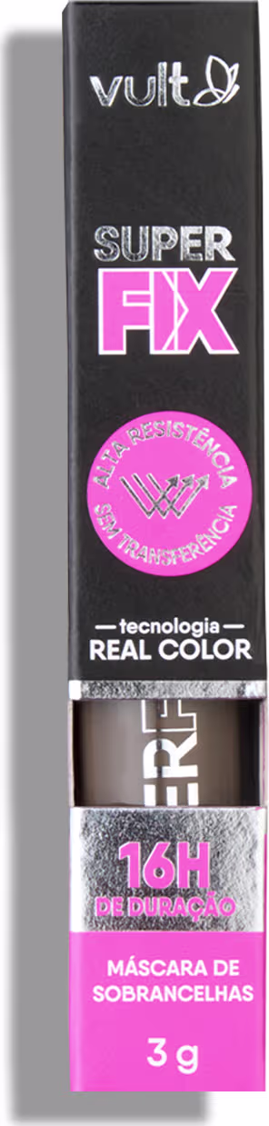 O produto apresentado é uma máscara de sobrancelhas da marca Vult, chamada "Super Fix". A embalagem é uma caixa preta com o logo da marca e o nome do produto em destaque.