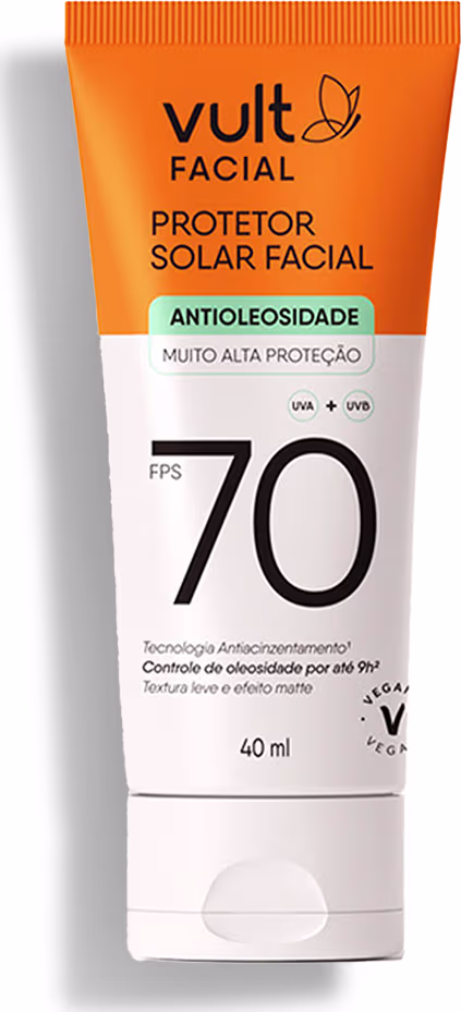Protetor solar facial em embalagem plástica tubular de cor laranja e branca.