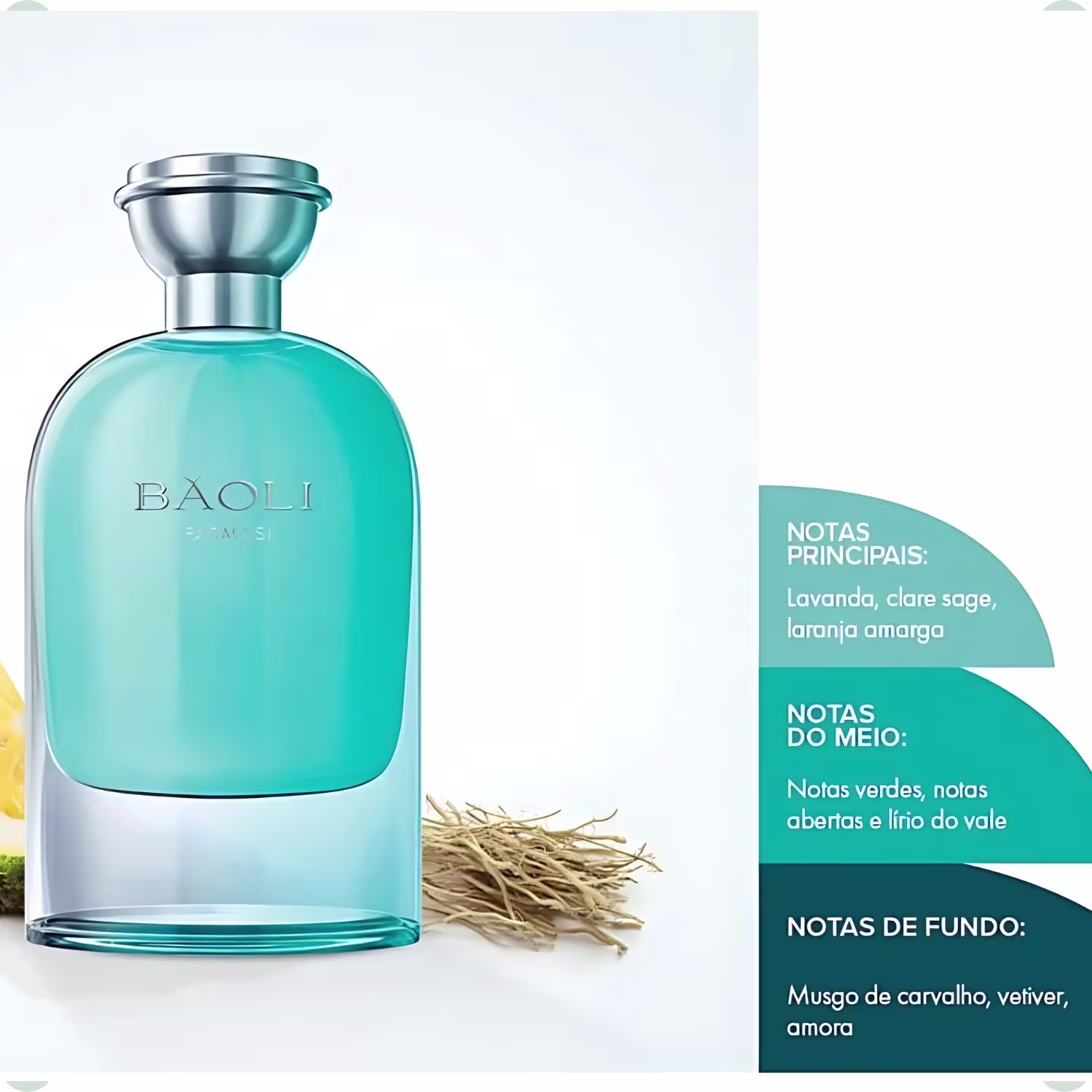 Perfume em frasco de vidro transparente azul claro. . Descrição das notas aromáticas principais: lavanda, sálvia, laranja amarga; notas médias: notas verdes, lírio do vale; notas de fundo: almíscar de civeta, vetiver, âmbar.